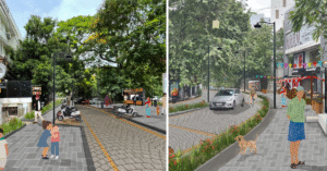 chennai-nungambakkam-pedestrian-plaza-night-view – நுங்கம்பாக்கம் காதர் நவாஸ் கான் சாலையில் (KNKR) முன்மொழியப்பட்டுள்ள 24 மணி நேர நடைபாதை வளாகத்தின் இரவு நேரக் காட்சி. பல வண்ண விளக்குகளுடன் மக்கள் நடமாடும் ஒரு நவீன நகரத்தின் பகுதி.